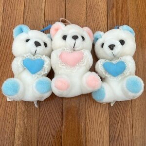 Set of Three (3) Vintage White Teddy Bears Holding Heart-Shaped Pillows